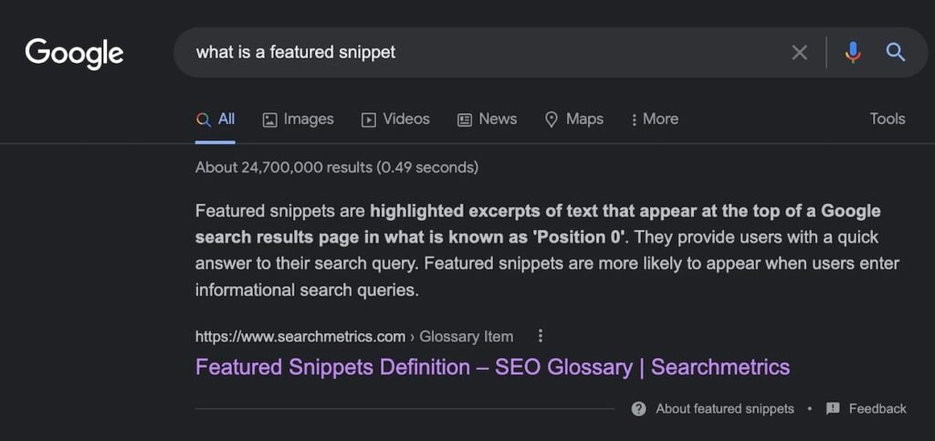 How Google presents answer targets and definition snippets